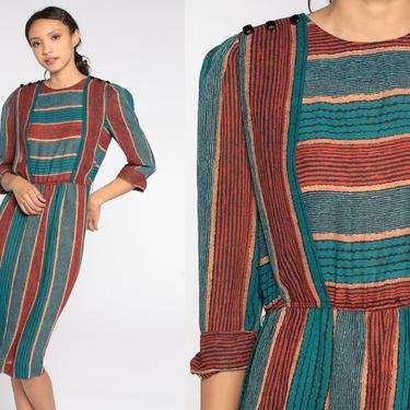 80s Dress Red Teal Puff Sleeve Dress Midi Diagonal Striped Dress High Waisted 1980s Vintage Long sleeve Teal Leslie Fay Small S 