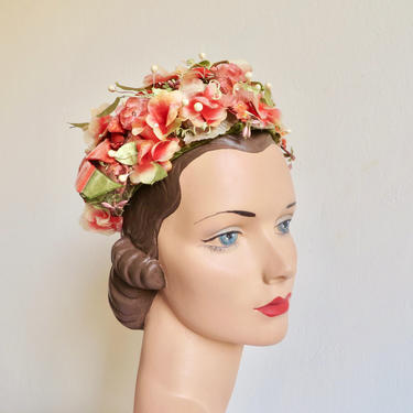 Vintage 1950's Orange Green Floral Hat Fascinator Flower Cap Faux Pearls Spring Wedding Bridal Rockabilly 