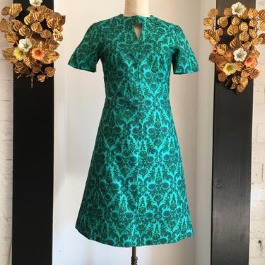 1960s sheath dress, vintage 60s dress, ethnic print dress, 60s a-line dress, size medium, wallpaper dress, emerald green dress, 28 waist 