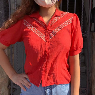 70’s Puff Sleeve Red Sheer Top by laloupevintage