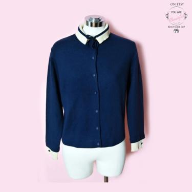 40's - 50's Blue Knit Cardigan Sweater by Jantzen, Vintage Top, Blouse, Shirt, Button down front 1950's, 1940's, mid century, Dark Blue wool 