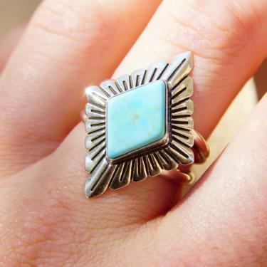 Vintage Signed Q.T Sterling Silver Turquoise Ring, Diamond Shaped Stone In Engraved Silver Setting, Native American Jewelry, Size 9 1/4 US 