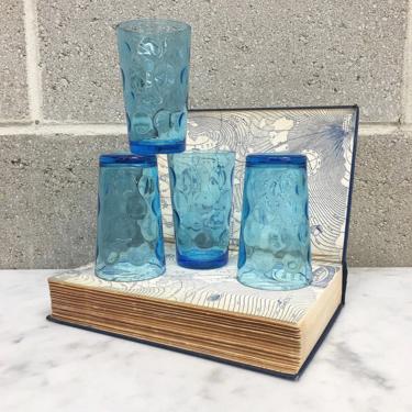 Vintage Drinking Glasses Retro 1960s Mid Century Modern + Juice Glass + Thumbprint + Clear + Blue Glass + Set of 4 Matching + Kitchen Decor 