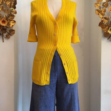 Vintage cardigan, yellow sweater, 1970s sweater, button up sweater, 70s cardigan, sweater with pockets, sears acrylic top 