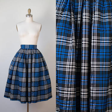 1950s Plaid Taffeta Skirt / 50s Blue and Black Striped Skirt 