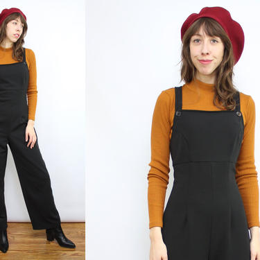 Vintage 90's Black Stretchy Jumpsuit / 1990's Polyester Overall Jumpsuit / Straight Leg / Women's Size Medium by Ru