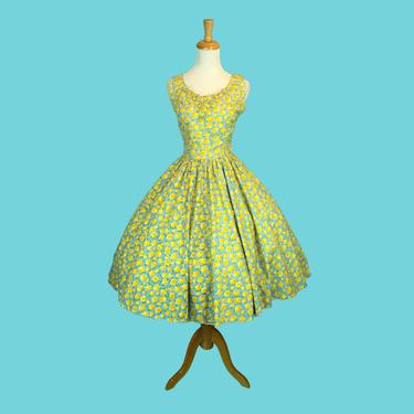 CUTE 1950s Vintage Summer Dress Novelty Blue Yellow Rose Print Cotton Circle Skirt Rhinestone Rose Appliques Size M 