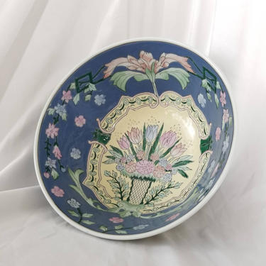 Vintage Chinoiserie Console Bowl / Floral Decorative Bowl / Traditional Asian Ceramic Bowl / Asian Home Decor Accent Bowl Table Centerpiece 