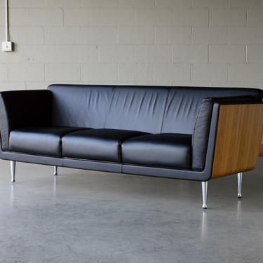 Goetz Sofa by Herman Miller Black Leather and Walnut 