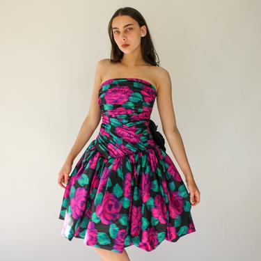 Vintage 80s Lillie Rubin Floral Strapless Bubble Skirt Party Dress | Made in USA | Rouged Flower Bow | 1980s Designer Prom, Cocktail Gown 