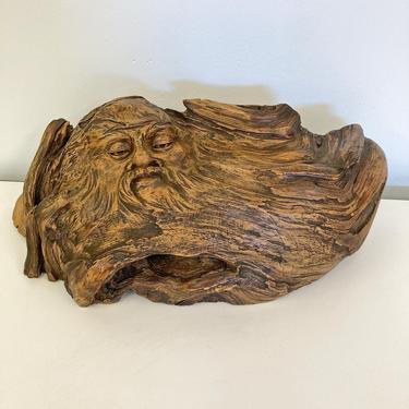Rare Vintage Hand-Carved Wood Carving of Old Bearded Man by Cloutier 
