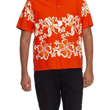 1960S Orange Tropical Cotton Barkcloth Men's Surf Print Shirt Made In Hawaii 