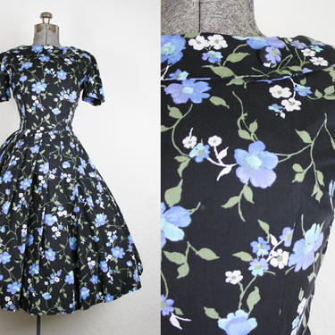 1950's Black and Blue Floral Cotton Dress / Size Small 