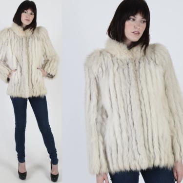 Vintage 70s Saga Arctic Fox Fur Coat Suede Corded Plush White Street Style Jacket 
