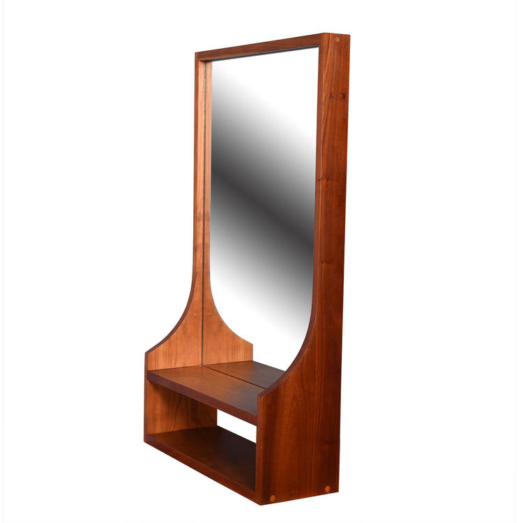 Danish Modern Solid Teak Hanging Mirror w\/ Cubby Shelf