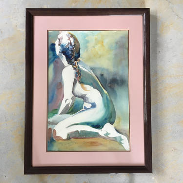 Original 80's Nude Painting, Watercolor Painting Nude Woman, Figurative Art, Minimalist Nude Sketch Signed By Artist, 24&quot;x30&quot; 