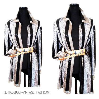 80's Vintage SEQUIN BOYFRIEND SHIRT Dress silver striped beaded chevron cocktail party dress shirt small medium 