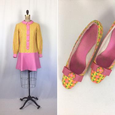 Vintage 60s dress | Vintage floral pique dress with matching shoes | 1960s Pink yellow dress shoe set 