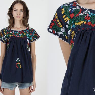 Soft Cotton Oaxacan Blouse / Navy Blue Hand Embroidered Blouse / Made In Mexico Womens Pueble Top / A Line Frida Style Mexico Shirt 