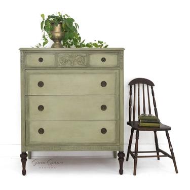Antique Chest of Drawers, Hand Painted Sage Gray Green Dresser, Vintage Bureau with Four Drawers and Stained Legs 