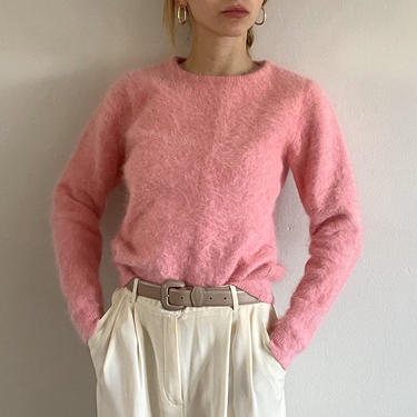 80s angora sweater / vintage bubblegum pink angora rabbit hair cropped fuzzy crewneck sweater | XS S 