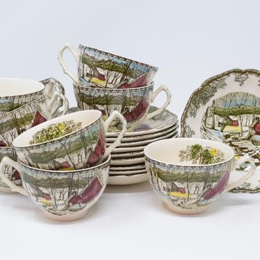 Set of 10 Friendly Village Tea Cups/ Coffee Cups and Saucers - The Ice House Pattern by Johnson Brothers 