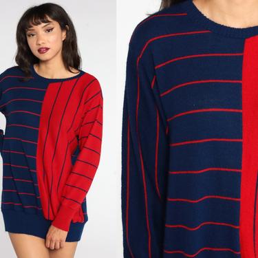 80s Striped Sweater 80s Color Block Red Navy Blue Sweater Knit Acrylic Sweater Pullover Sweater Vintage Long Sleeve Jumper Medium 