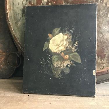 19th C French Floral Oil Painting, White Rose, Oil on Canvas, As is, For Restoration 