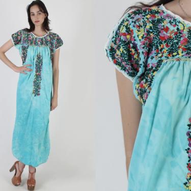 Teal Oaxacan Long Dress / Tie Dye Mexican Dress / Aqua Hand Embroidered San Antonio Dress / Little People Marbled Cotton Maxi Dress 