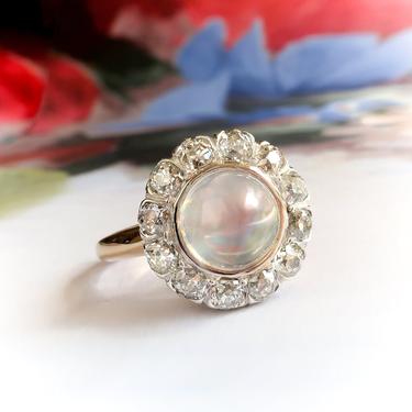 Antique 5.20 ct.tw. Moonstone and Diamond Halo Ring 14k Silver 