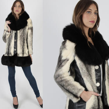 CXross Mink Coat / Black Fox Fur Jacket / Vintage 70s Mod Leather Trench Coat With Pockets / Plush Platinum Blonde Fur 