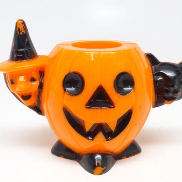 1950's Halloween Candy Container, Witch and Black Cat and Jack-o-lantern, Vintage, Retro Decor 