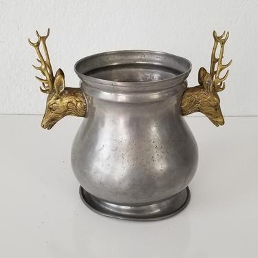 Vintage Hammered Silver Plate and Brass Deer Head Handles Ice Bucket . 