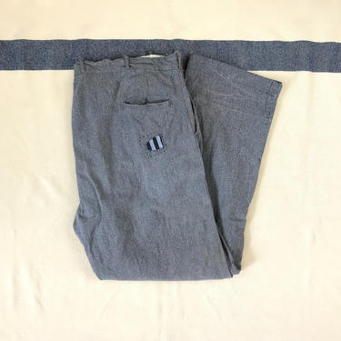 Size 42x31 Vintage Men’s 1930s 1940s Salt and Pepper Covert Cloth Cotton Twill Distressed Gray Work Pants with Visible Mending 