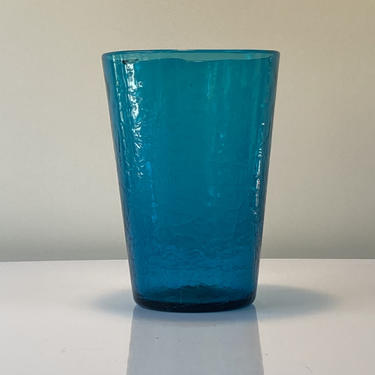 Blenko handblown glass vase in Turquoise crackle 