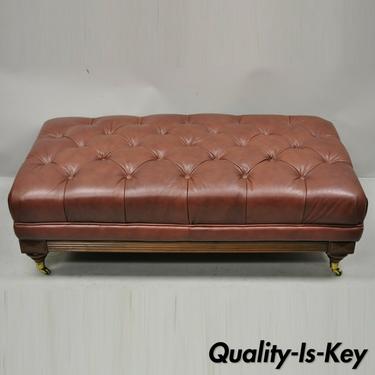 Ethan Allen Brown Leather Button Tufted Chesterfield 48" Ottoman Bench on Wheels