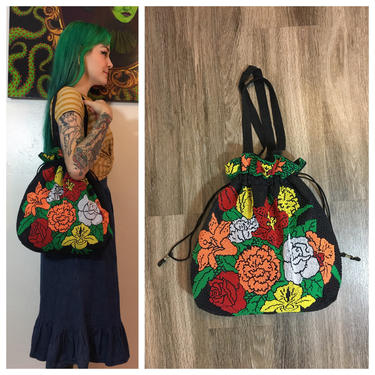 Vintage 1960’s Floral Beaded Cinch Bag 