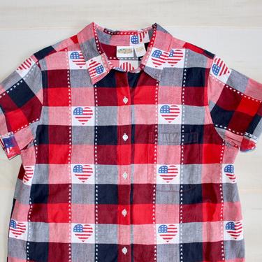 Vintage 90s American Flag Shirt, 1990s Checkered Button Down, Top, Flannel, Western, Novelty Print, Woven, Summer, 4th of July 
