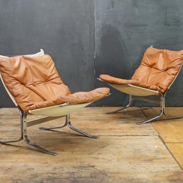 Pair of Danish Modern Steel Leather Sling Chairs Vintage Mid-Century Scandinavian 