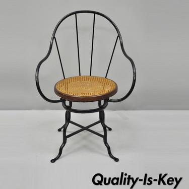 Antique Industrial Wrought Iron Round Cane Bentwood Seat Chair Armchair Thonet
