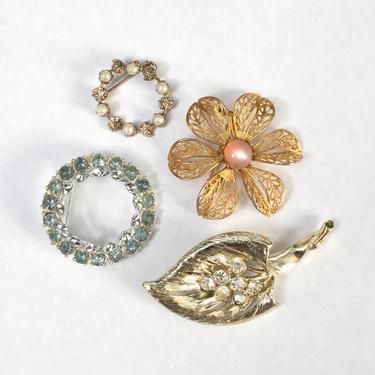 4 Lovely Vintage 50s 60s 70s Gold Flower, Circles &amp; Leaf Pins Brooches Lot 
