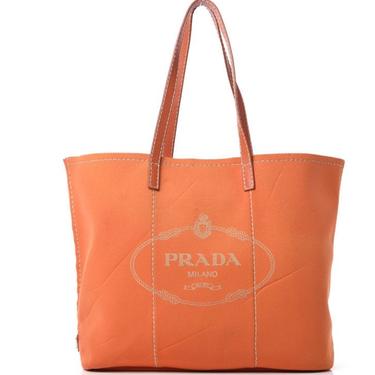 Vintage PRADA Milano ORANGE Neoprene Handbag Tote Shoulder Satchel Purse Carry All w Triangle Logo Plate 