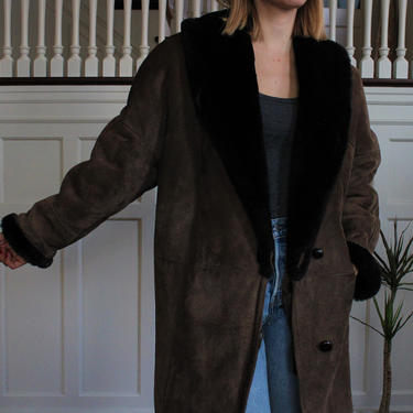 Vintage Brown Suede Leather Shearling Heavy Winter Coat Women's Size XS 