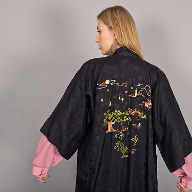 60s Black Japanese Embroidered Robe Vintage Long Colorful Classic Kimono 