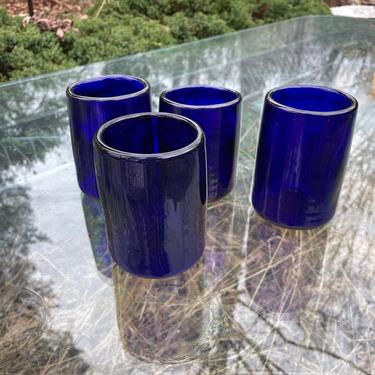 1980s Vintage Blue Tumblers Art Glass Hand Crafted Mouth Blown High Ball Low Whiskey Heavy by Eric Krantz 