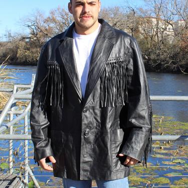 Vintage 90s Saguaro West Fringe Leather Jacket, 2XL Men, Black Leather Blazer, Epic Fringe 