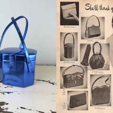 Electrifyingly Beautiful - Vintage 1950s Waldman Electric Blue Leather Small Box Coffin Handbag Purse - Rare 