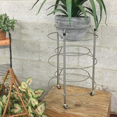 Vintage Plant Stand Retro 1960’s Silver Metal Rolling Cart or Stand + Round + Circular + Wire Frame + Wheeled + Cocktail + Bar Table + Decor 
