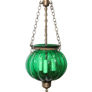 Antique 11 in. Green Crystal Pumpkin Bell Jar Pendant Light