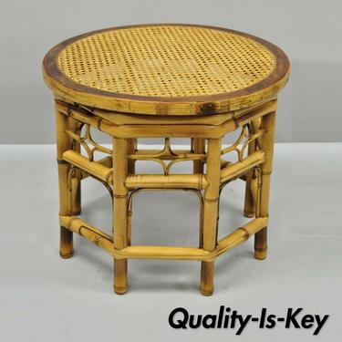 Vtg Brighton Pavilion Style Bamboo &amp; Cane Chinese Chippendale Round Side Table